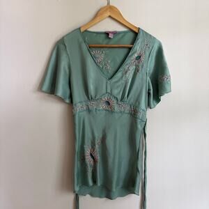 Y2K Vintage Monsoon Mint Blue Silk Floral Embroidered Babydoll Blouse Size 8
